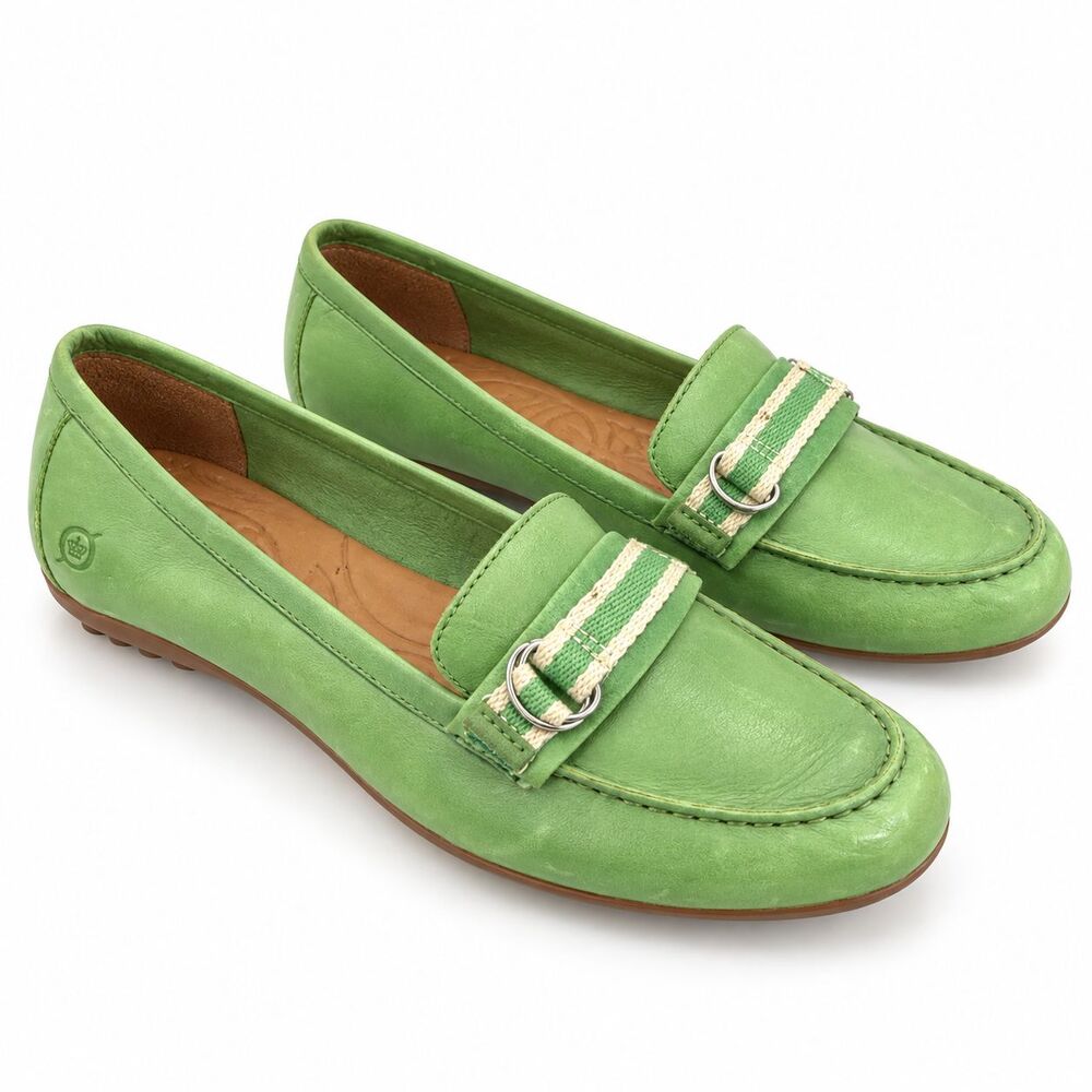 Born Green Leather Loafers Flats Slip On Preppy Casual Comfort Womens Size 11